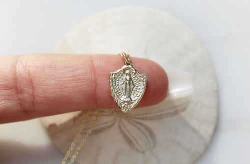 14K Gold Miraculous Medal Shield Necklace