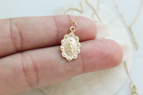 14k Gold Our Lady of Guadalupe Scalloped Necklace